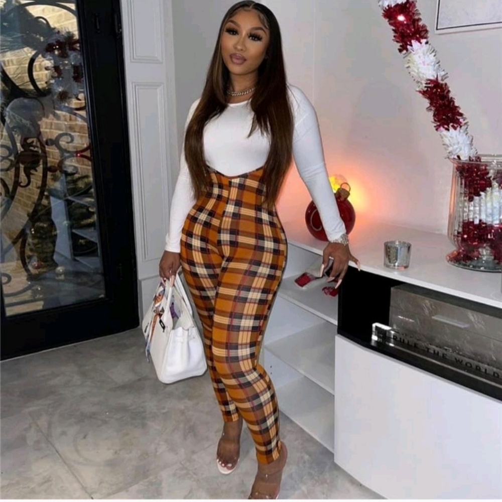 *1 S left-Orange Plaid Suspender Trouser Set